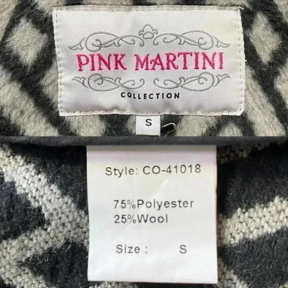 Pink  Martini Jacket Faux Leather Wool Open Front Draped Moto Black Grey Small - Picture 11 of 16